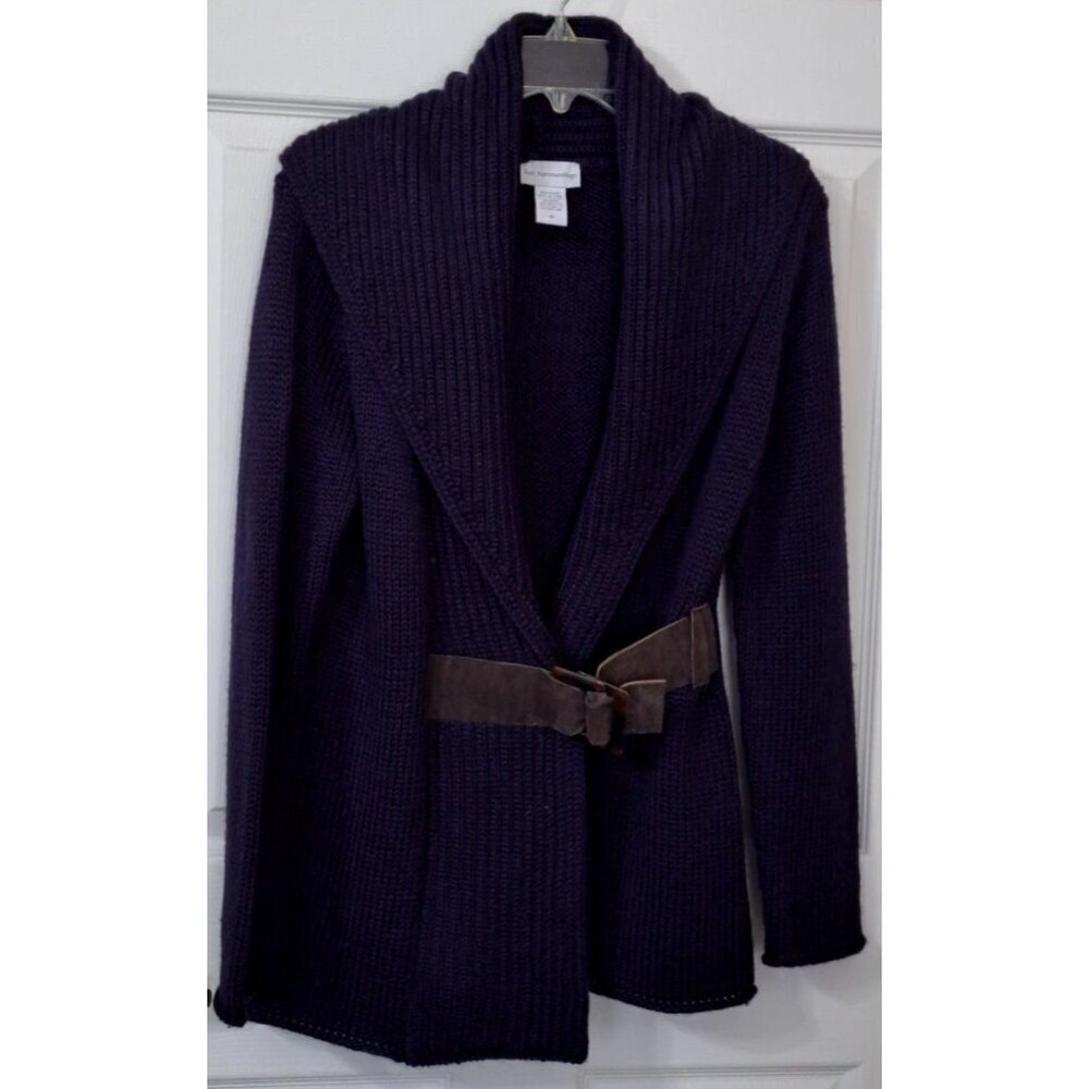 Soft Surroundings Navy Knit Wool Blend Brown Leather Belt Sweater Size Medium
